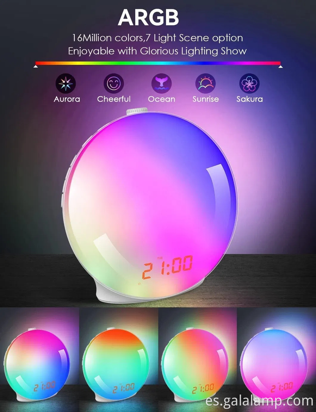 Despertador de la mañana radiante con radio FM y luz nocturna relajante